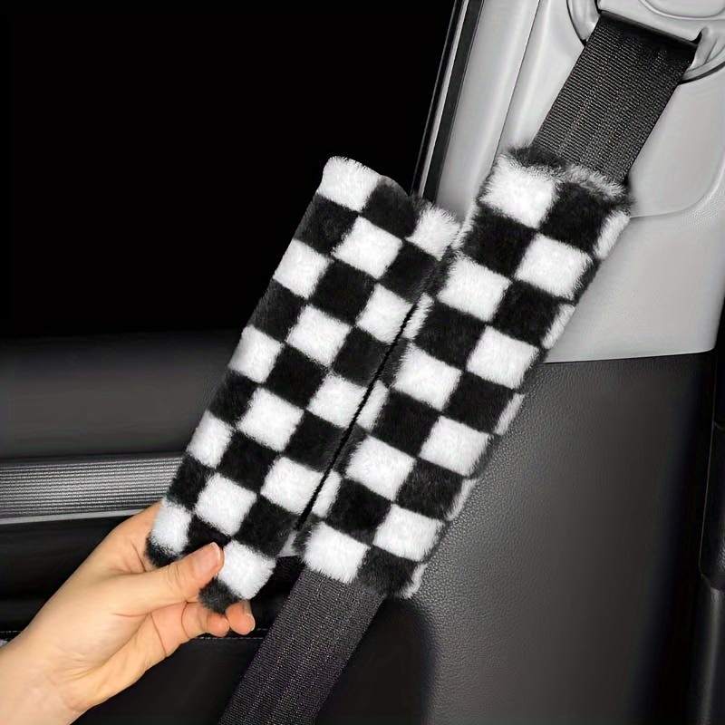 TEMU 2pcs Luxurious Fur Car Covers - Soft, Comfortable Safety Strap Cute Cartoon Checkerboard For A Cozy - &