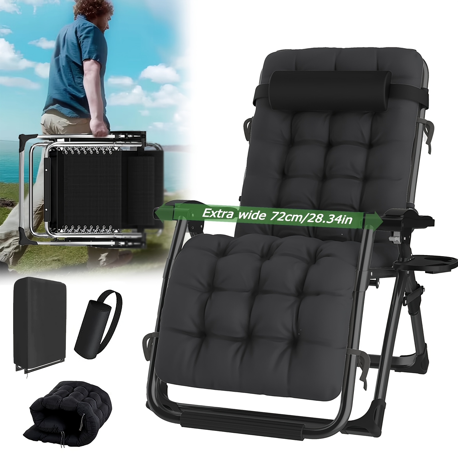 E-shop Schwerkraftfreier Liegestuhl Extra Breit 72cm/28 Zoll | Faltbarer Outdoor-Sitz mit abnehmbarem Kissen und Kopfstütze, tragbare Sonnenliege mit
