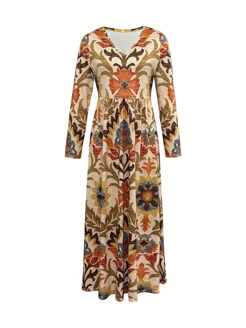 vintage printed v-neck long-sleeve elegant dress V Neck Elegant Floral Print Long Sleeve Casual Dress up to 3XL 03 Blue(No Belt) / M