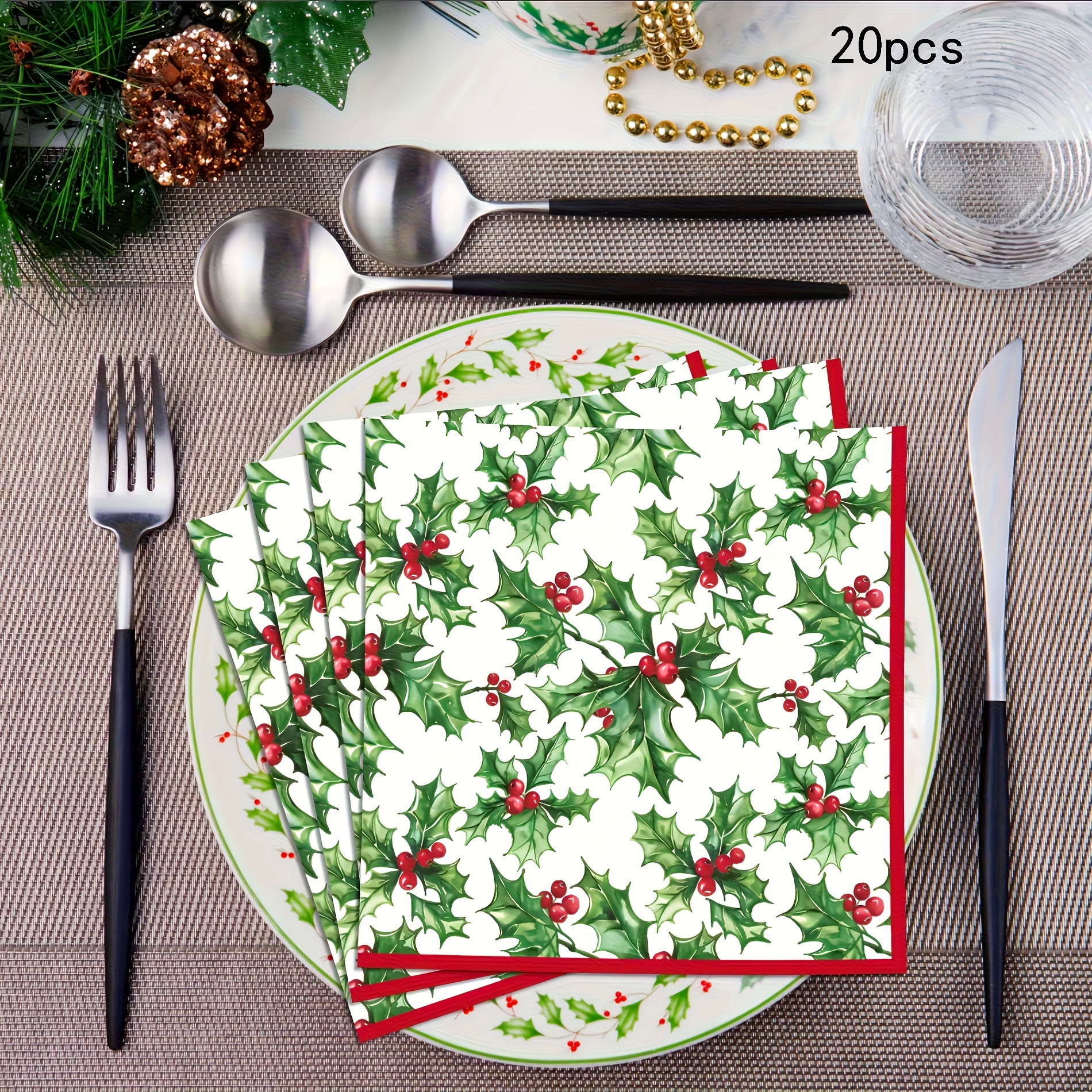 TEMU 20pcs,christmas Party Paper Napkins Xmas Napkins Party Napkins For Merry Xmas Holly Party Decorations-elegant Red, Green, White & Berry Holiday