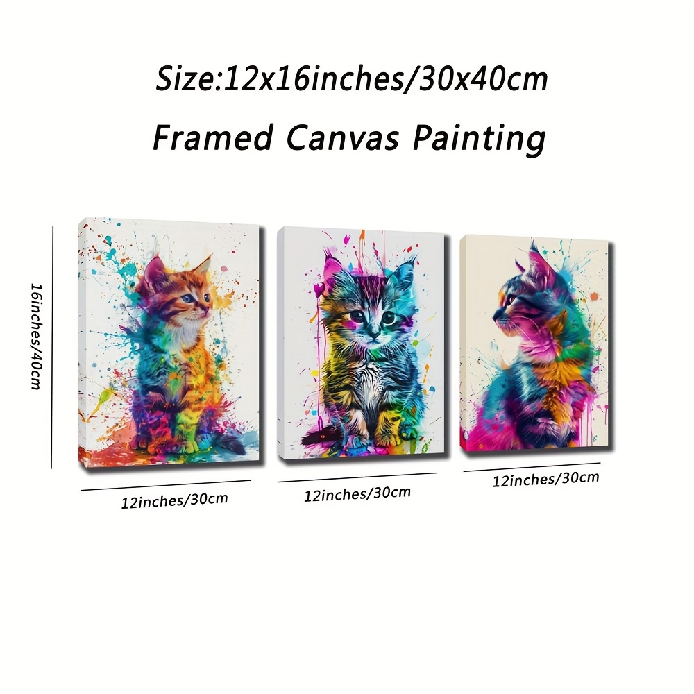 TEMU Décoration Murale Encadrée de 3 Panneaux avec Chat sur Fond Blanc - Peinture Moderne de Chat Coloré Mignon, Affiche d'Art Animalier pour