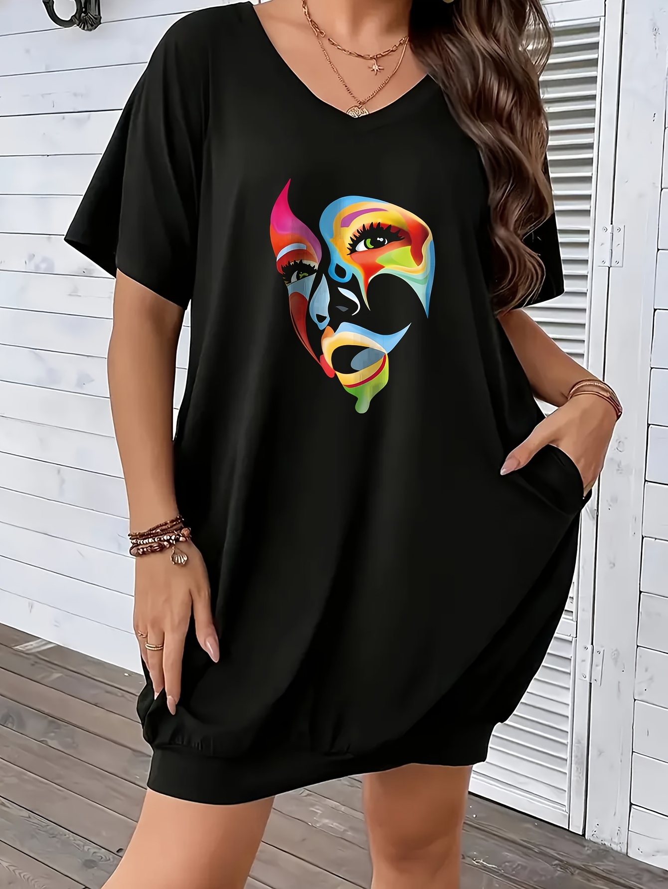 plus size face print t shirt dress casual v neck short Temu