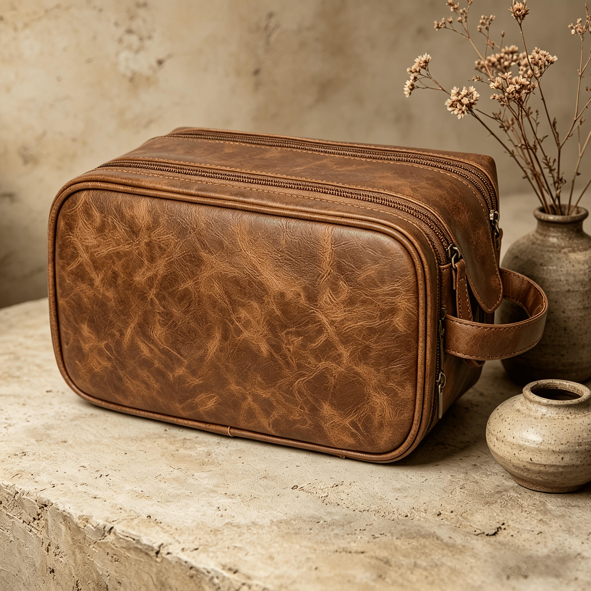 Vintage Toiletry Bag Suitable For Travel, Large Multi-compartment Cosmetic With Double Zipper Closure & Top Handle, Lightweight Dopp Kit For Men, Shaving Storage, Business Trips, , Father's Gift