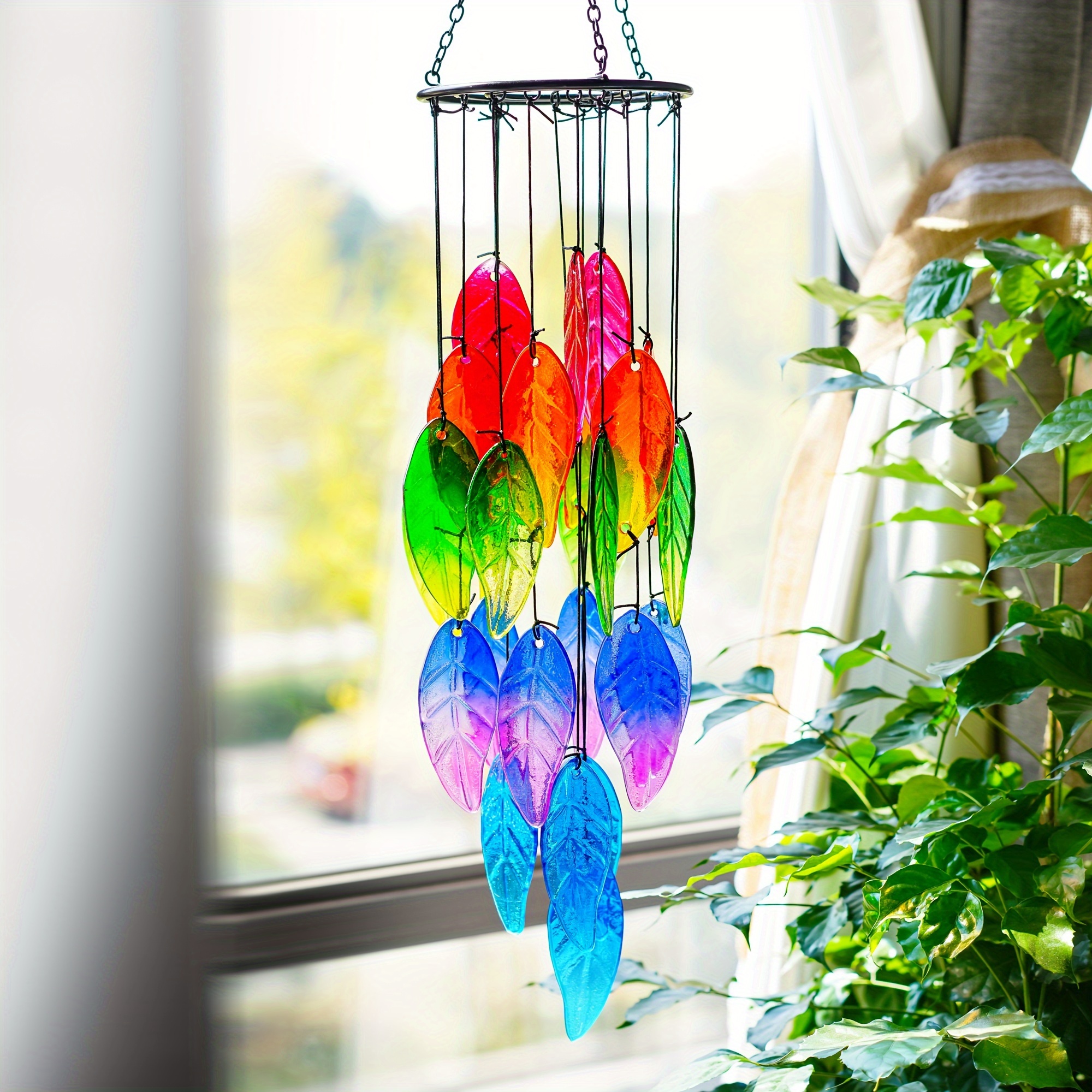 Mediterranean Style Handcrafted Glass Leaf Wind Chime Non - Temu