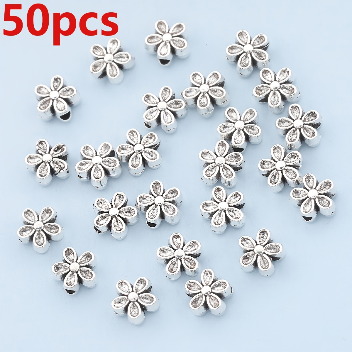 TEMU 100pcs/50pcs Double-sided Flower-shaped Spacer Beads, 7mm Five-petal Flower Loose Beads With Straight Holes, Suitable For Handmade Stringing,