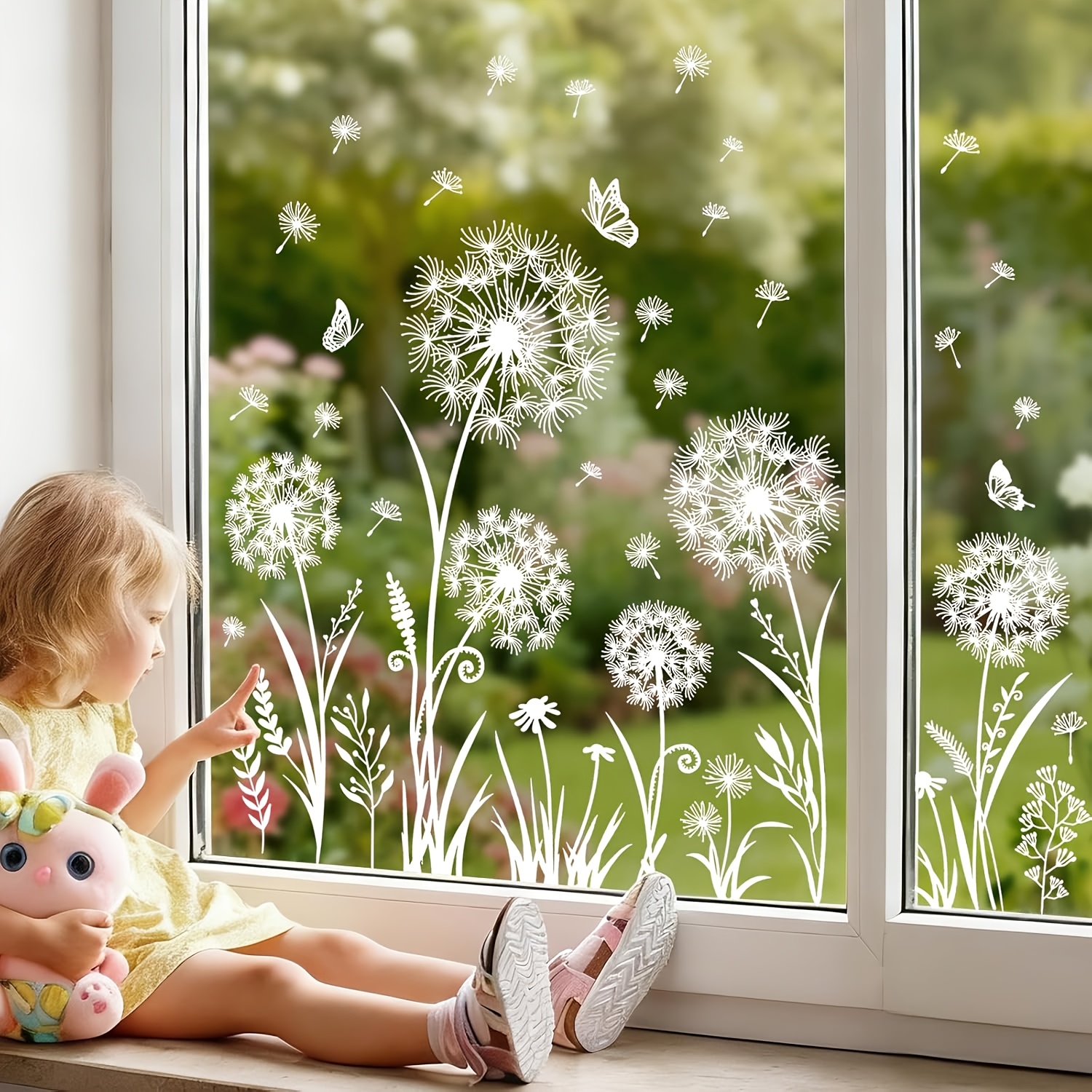 TEMU 2 Stück 2D flache Schmetterling-Blumen-Pusteblumen-statische PVC-Fensteraufkleber, selbstklebend, ablösbare, doppelseitig & wiederverwendbare,