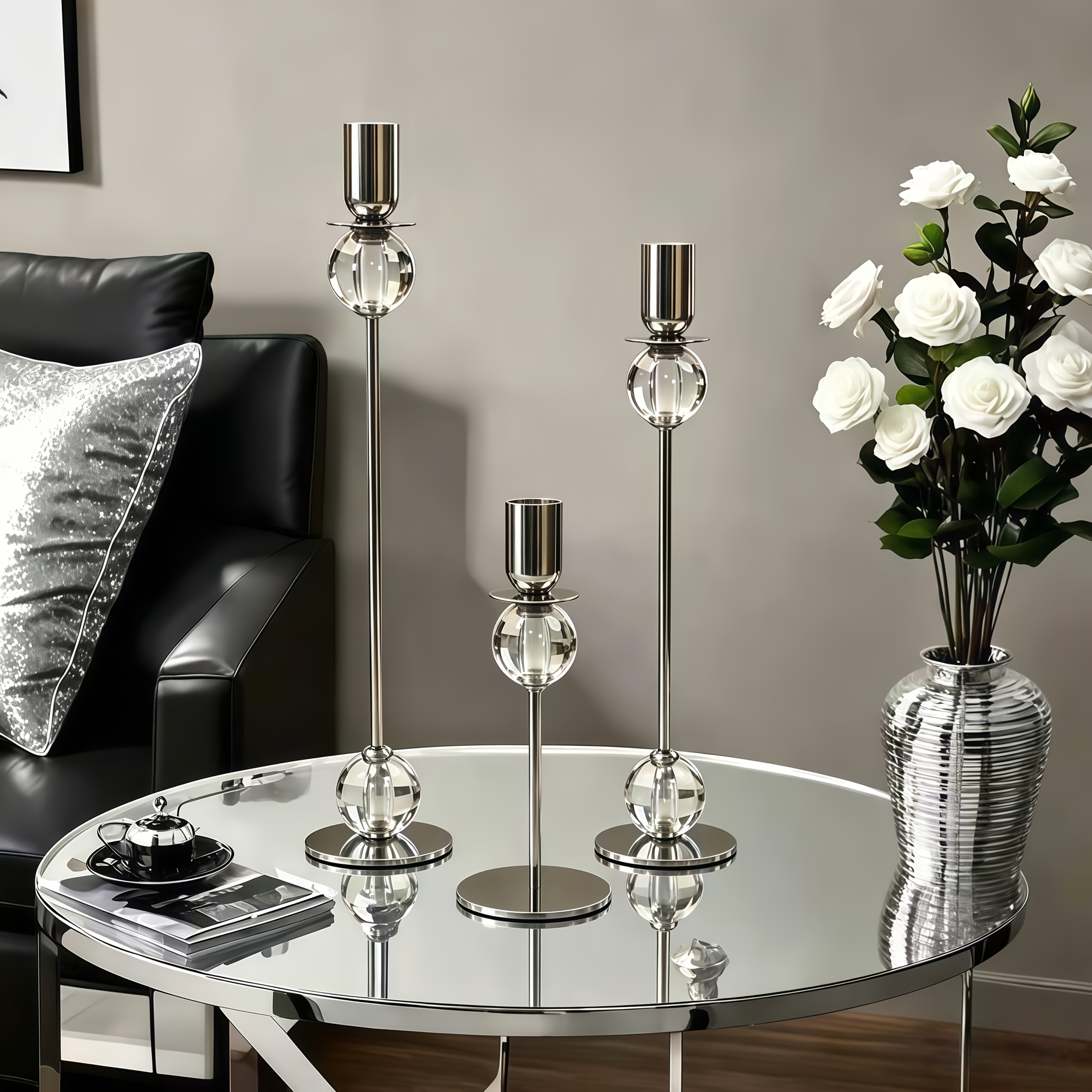 3pcs Crystal Taper Candle Holder - Silvery Metal Candlestick with Glass Ball, Modern Tall And Short Candle Holders for Wedding, Dining Room, Living Room, Home Decor, Wedding Table Centerpieces, Dining Table, Family Party Decorations