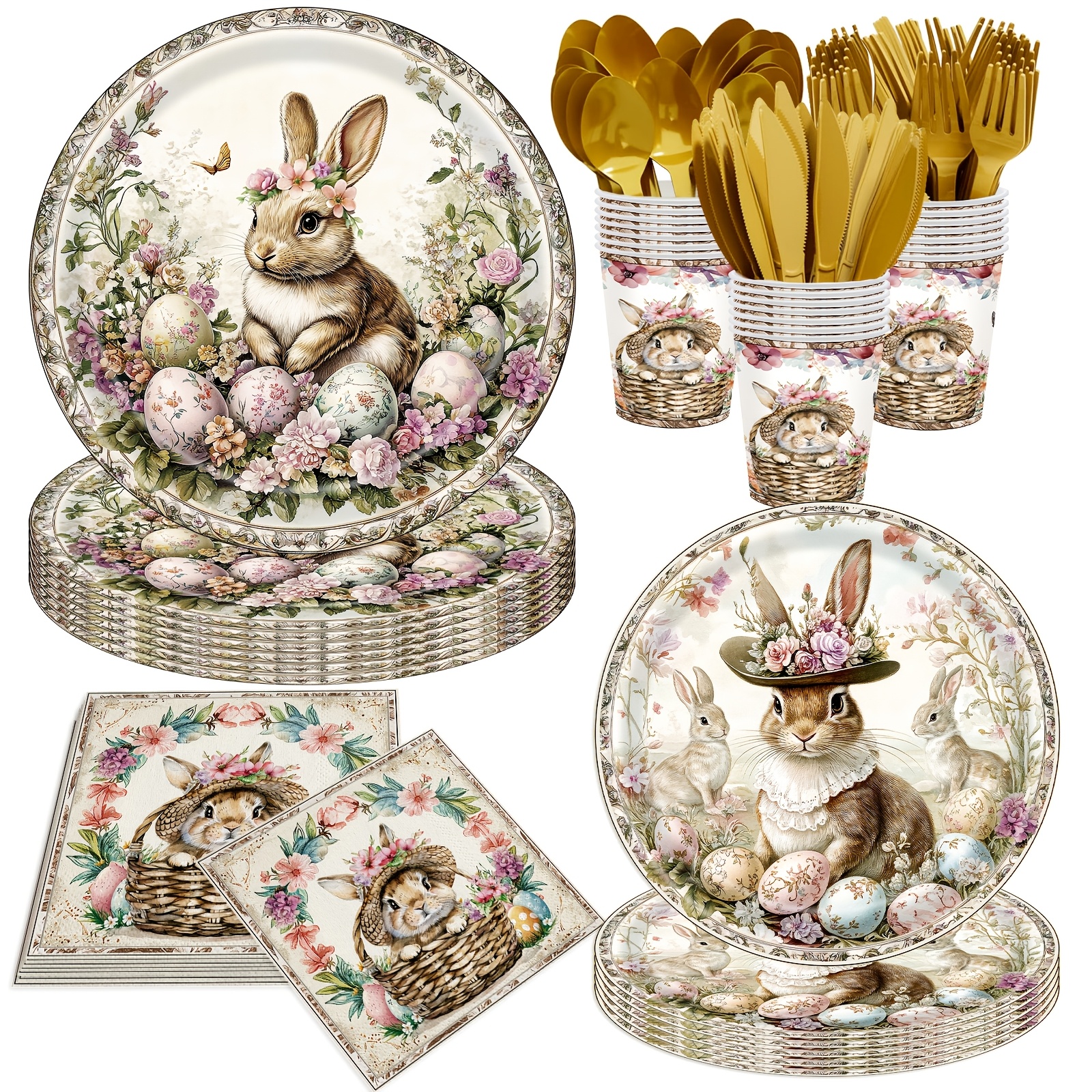 TEMU 140pcs, Party Supplies Tableware Set Gorgeous Style Easter Rabbits Paper Plate And Napkins Easter Bunny Egg Party Decorations Dinnerware, Serve
