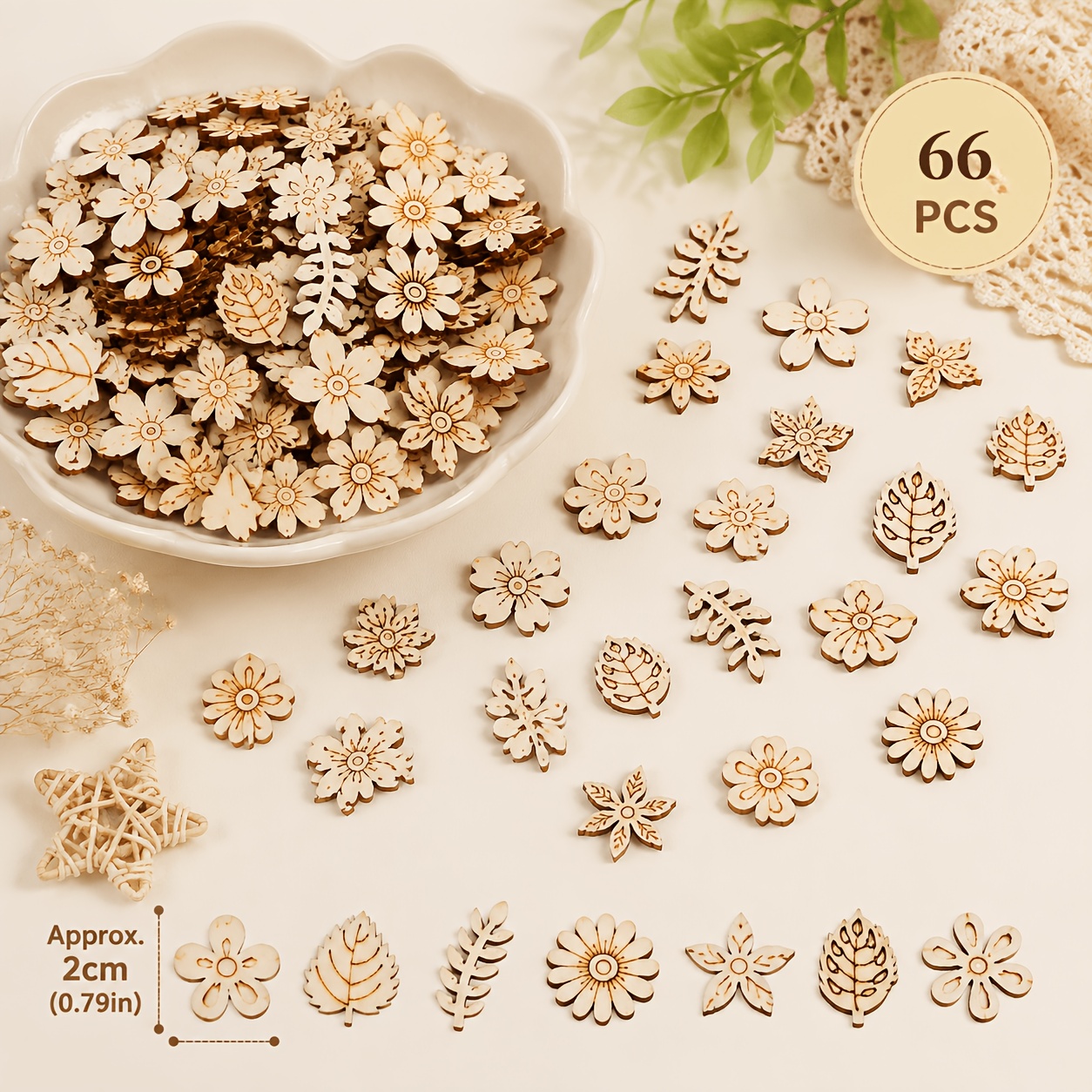 TEMU 66pcs Wooden Flower Leaf Mixed Set, Hand Painting Decoration, Suitable For Halloween Thanksgiving Christmas Wedding Party, Creative Holiday