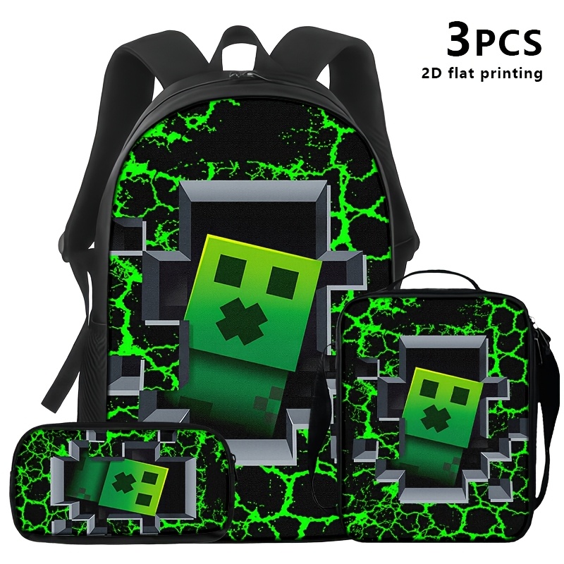 TEMU Backpacks In 1pc, 2pcs, And 3pcs Sets, Along With Shoulder Bags And Storage Pouches, Feature A 2d Flat Print Design Creeper From ''. Background