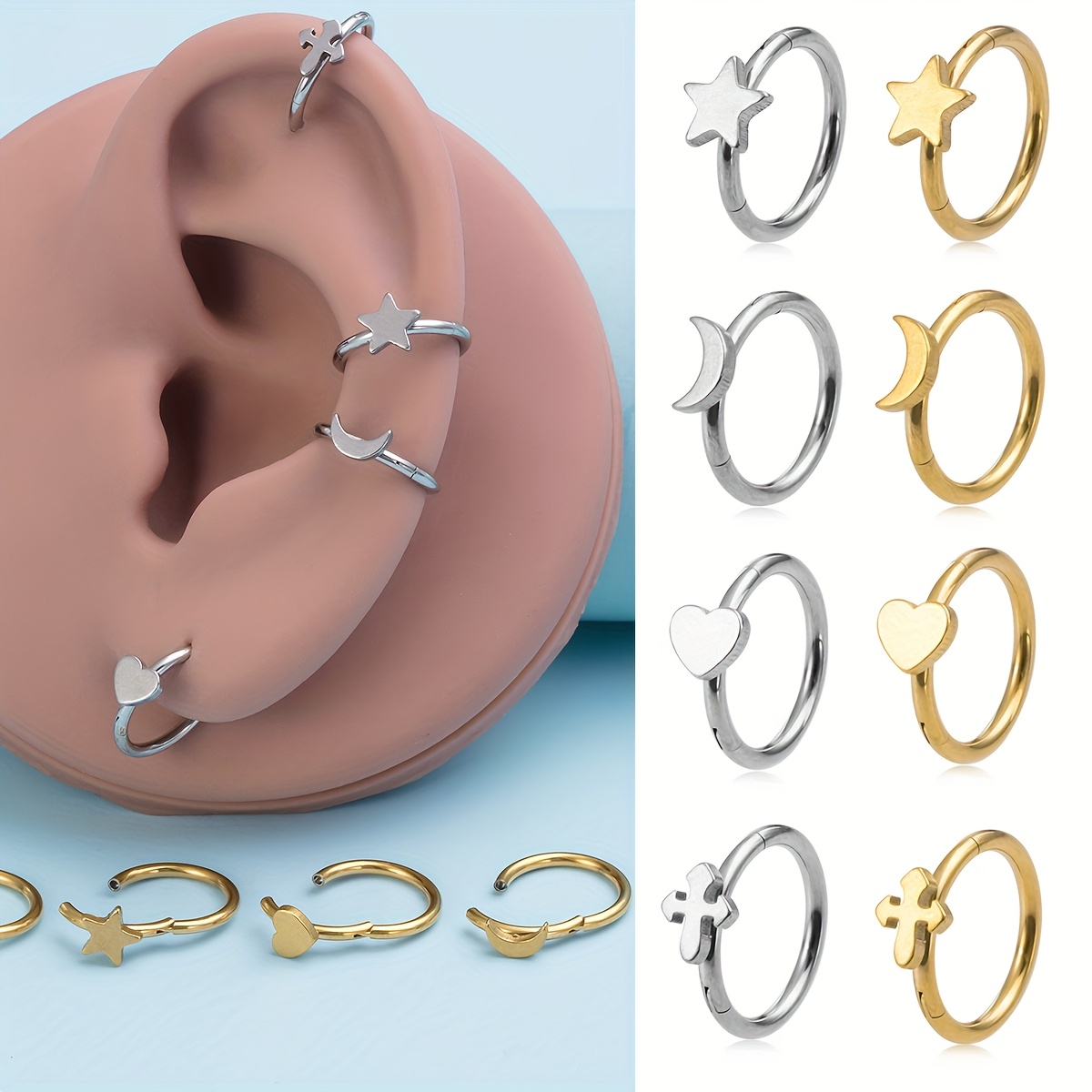 Star Heart Cross Hoop Earrings, Nose Rings Set