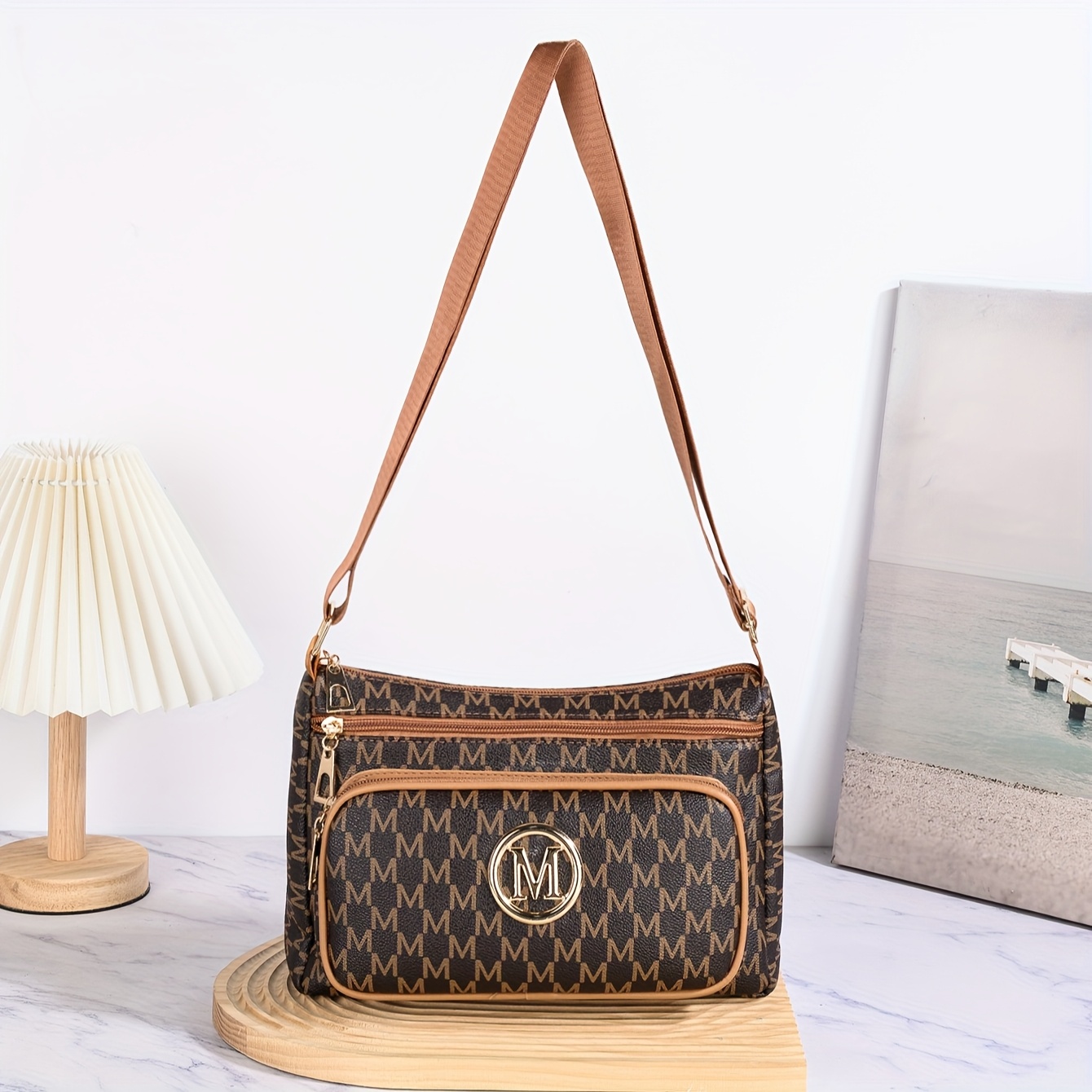 Image of Women's Crossbody Bag New 2025 Letter Print Shoulder Casual Vintage Zip Bag
