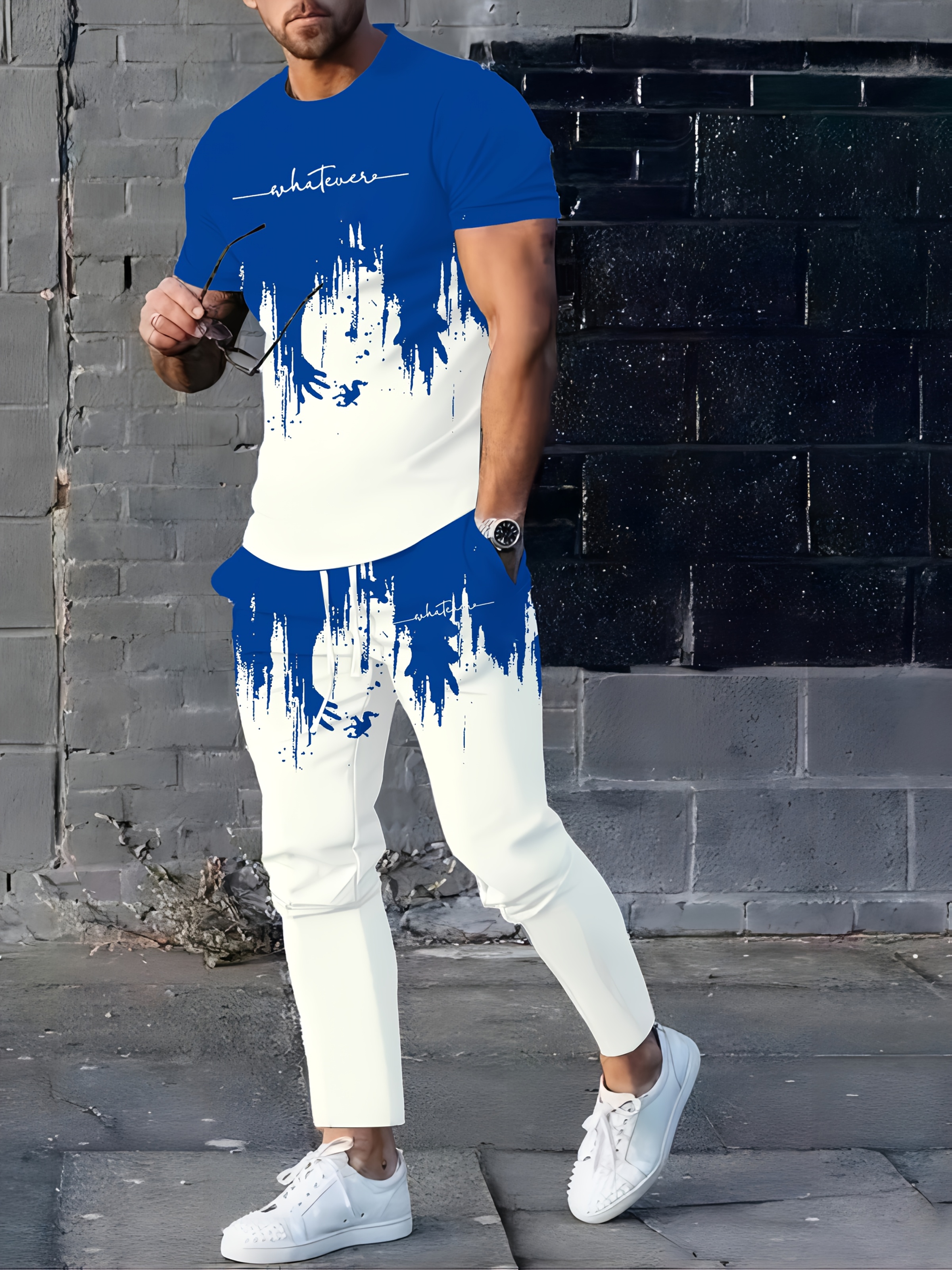 Men'S Casual 3D Digital Print Long Pants and Short Sleeve Set, Crew Neck, Regular Fit, Knit Fabric, Polyester 90%, Spandex 10%, 105g/m², for Spring/Summer/Fall - Weekend Casual Lash Sets