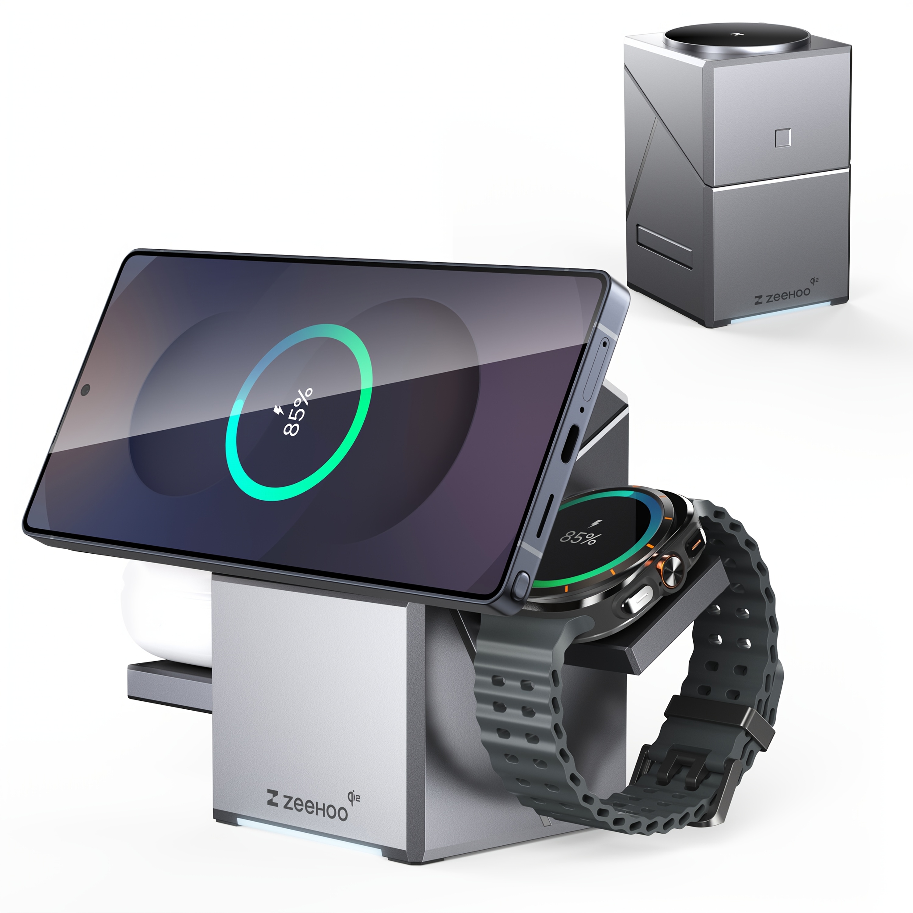 Zeehoo 3-in-1 Wireless Charging Station - Cubetrick-x Qi2 15w Fast Charge - For A-pple Watch, , Air-pods, For Sam- Galaxy