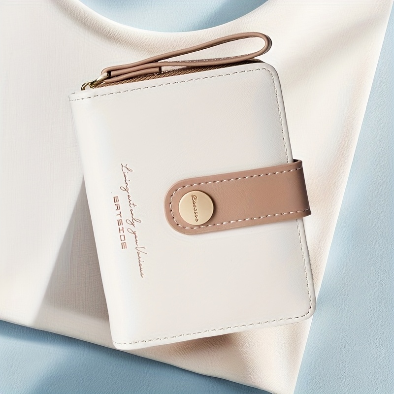 Image of Solid Color New Large Capacity Women's Wallet, Snap Button Soft Faux Leather Card Holder, Zipper Coin Purse Money Clip