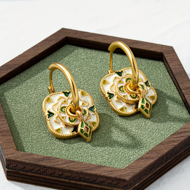 

Vintage Chinese Style Clover Enamel Glaze Drop & Dangle Earrings For Women, 18k Plated Copper With Resin Inlays, Versatile Banquet And Vacation Jewelry, Mother's Day Gift - All Seasons Suitable