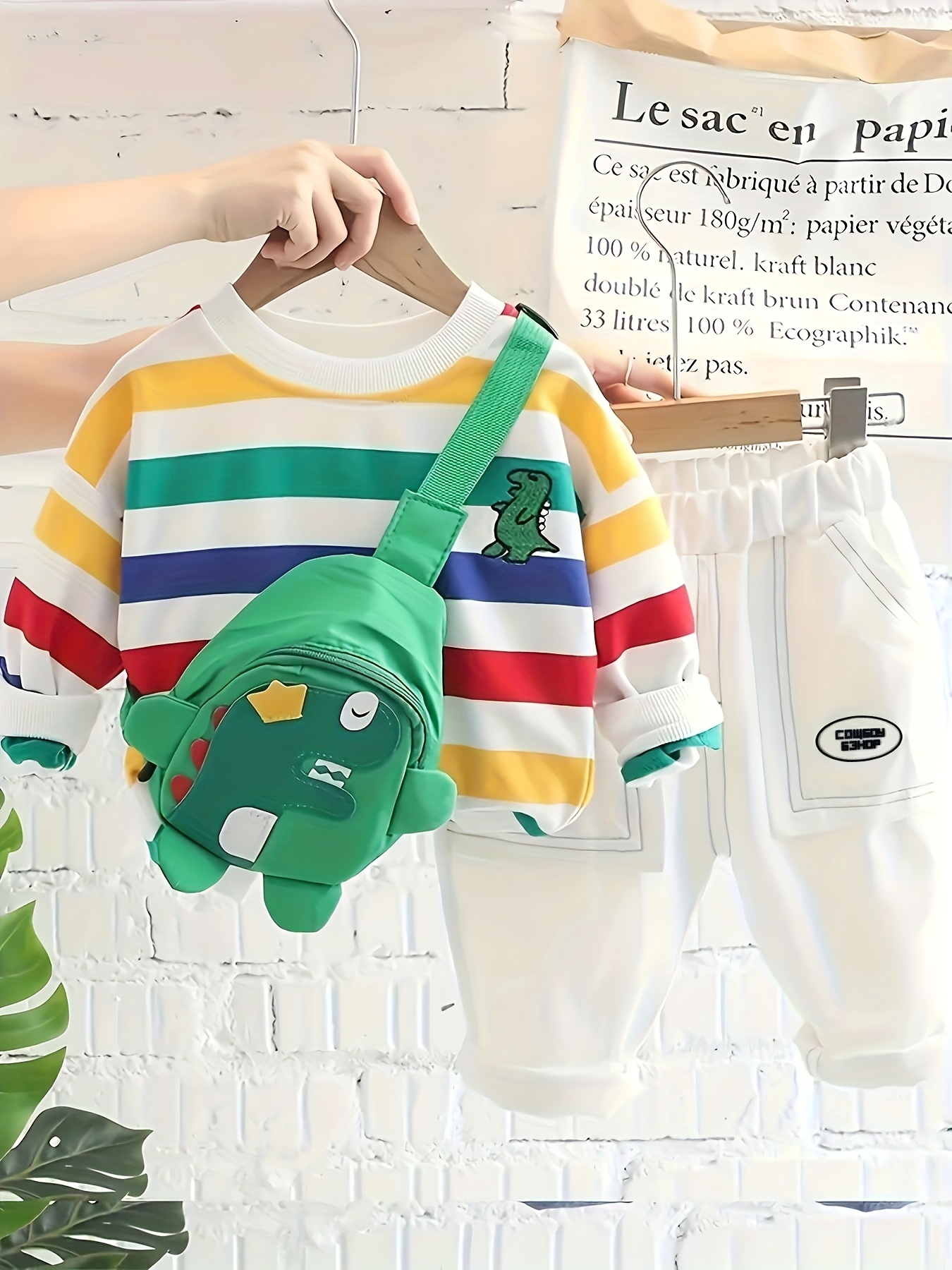 Children's autumn clothing, boys and girls, 2024 autumn clothing boys set striped round neck jeans 2pcs set with bag, Perfect for Outdoor