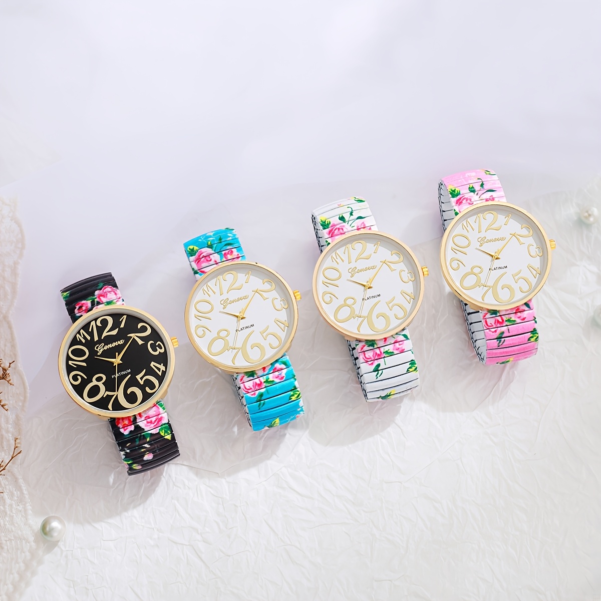 4pcs set womens fashion exquisite printed elastic band trendy casual dial quartz watch combination set box not included