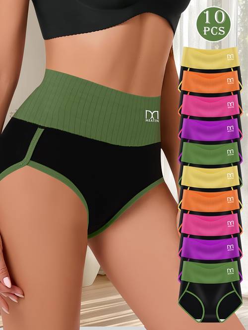 10 pack high waisted contrast color underwear with tummy control for women featuring a hip lifting and tummy controlling shape made of soft comfortable and breathable fabric