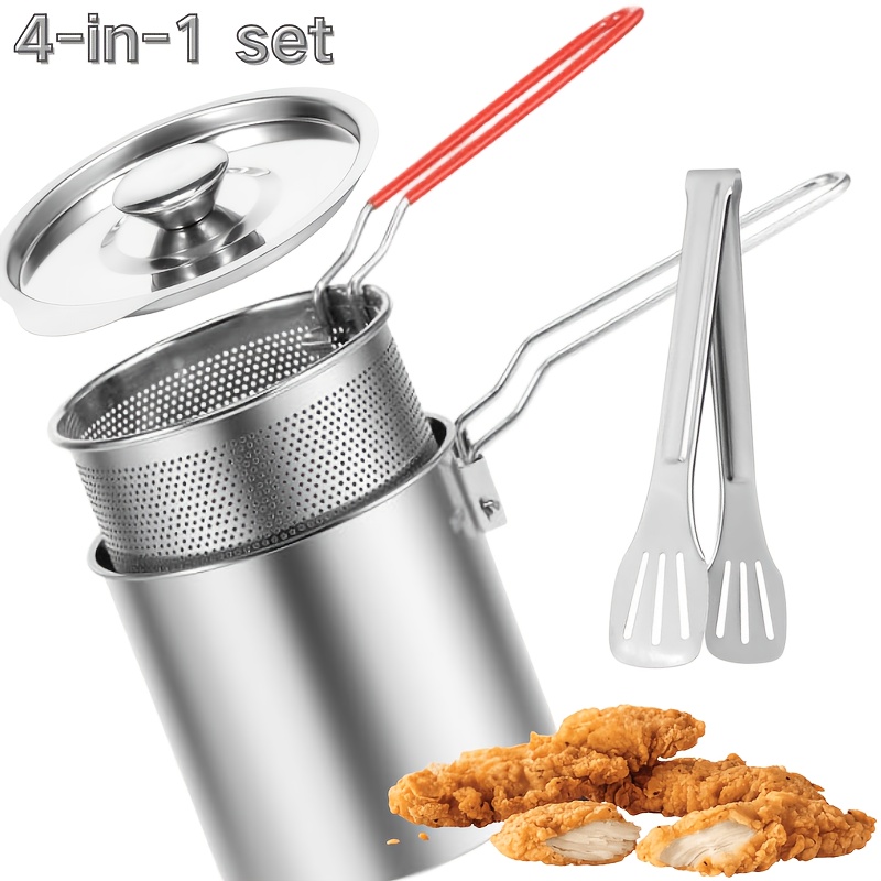 TEMU Friteuse 4-en-1 en acier inoxydable avec panier à friture, couvercle, pince et poignée amovible, acier inoxydable de qualité alimentaire,