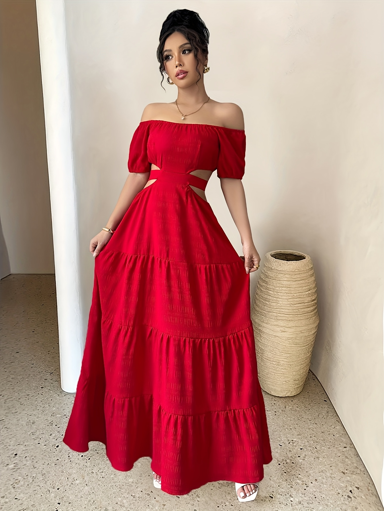 elegant shoulder red maxi dress ruched detail perfect spring - Temu Qatar