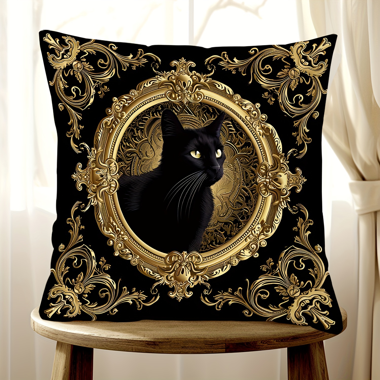 

Contemporary Black Cat Ornate Golden Design Throw Pillow Cover, 1pc, 17.7x17.7 Inch, Hand Wash, Polyester, Woven, Zipper Closure, Decorative Cushion Case For Various Room Types - No Insert Included