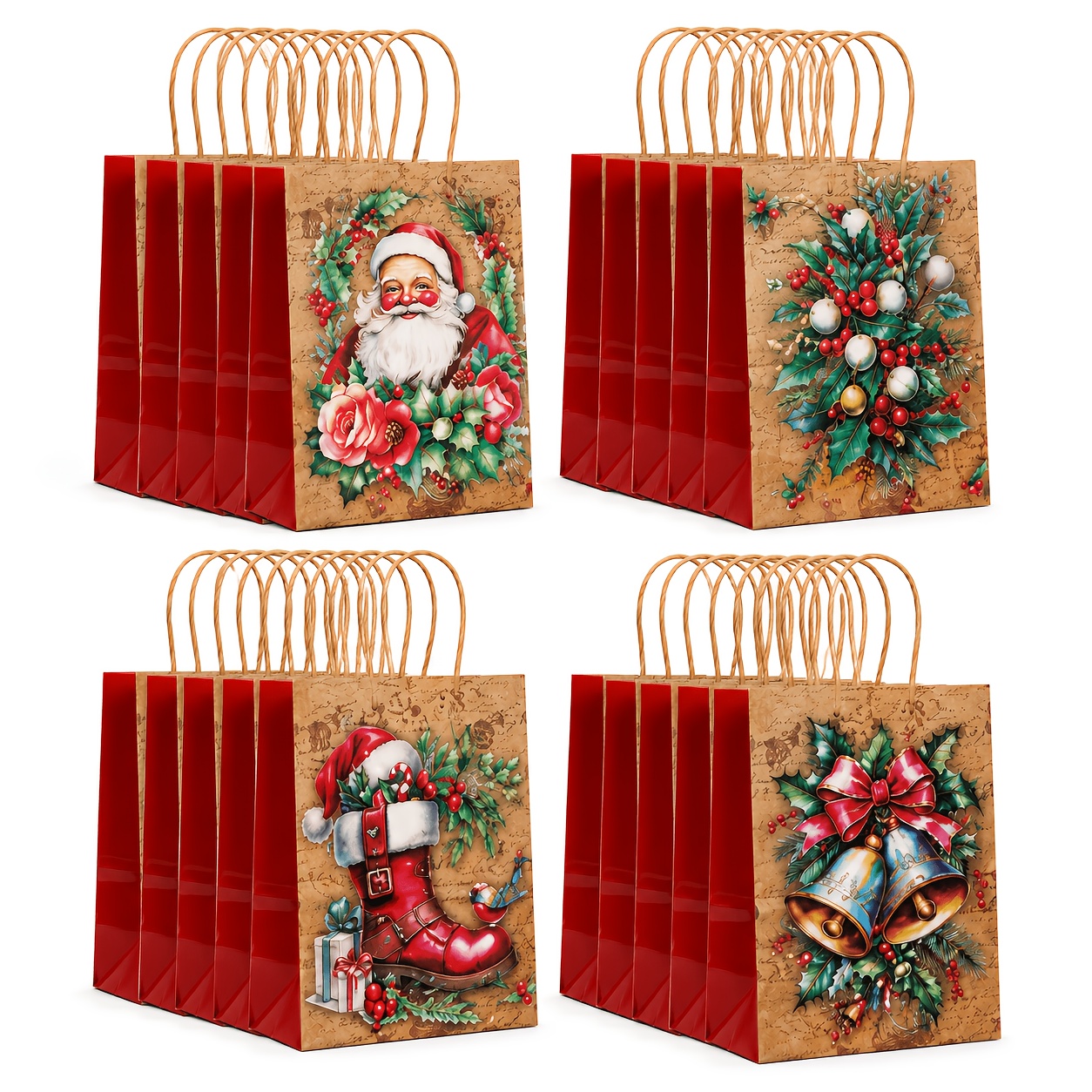 TEMU Pack Christmas Gift Bags With Handles, Vintage Paper Bags 4 Assorted Traditional Designs Santa Boot Bell, Medium Xmas Holiday Goodie Treat Bags