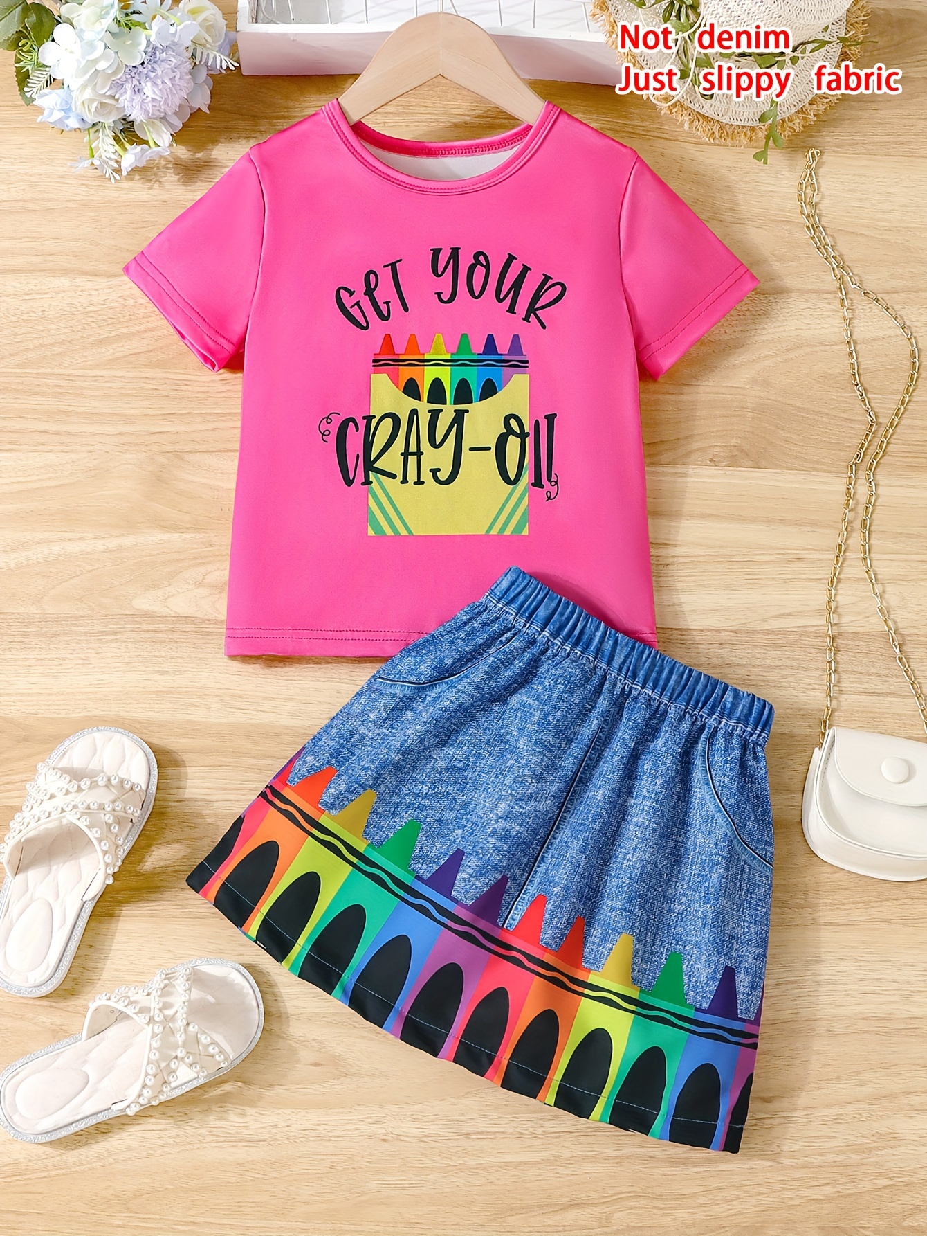 school crayons print girls outfit short sleeve fun t shirt top graphic short skirt everyday casual set summer 2pcs details 0