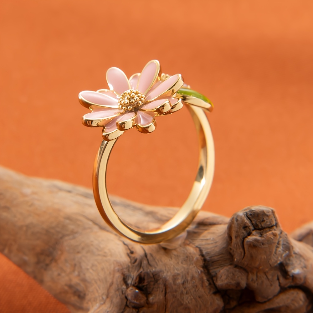 TEMU Sweet Flower Ring, Adjustable Enamel Statement Jewelry, Delicate Everyday Gift
