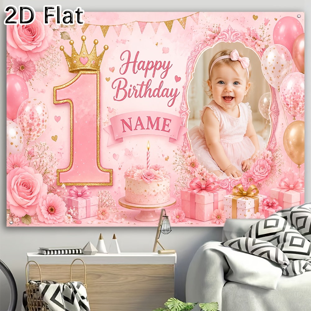 TEMU 2d Flat, [2d Plat] 1pc Party Banner Custom Photo Name Gorgeous Sweet Pink Floral First Happy Birthday Backdrop With Cake Balloons Gift Boxes For
