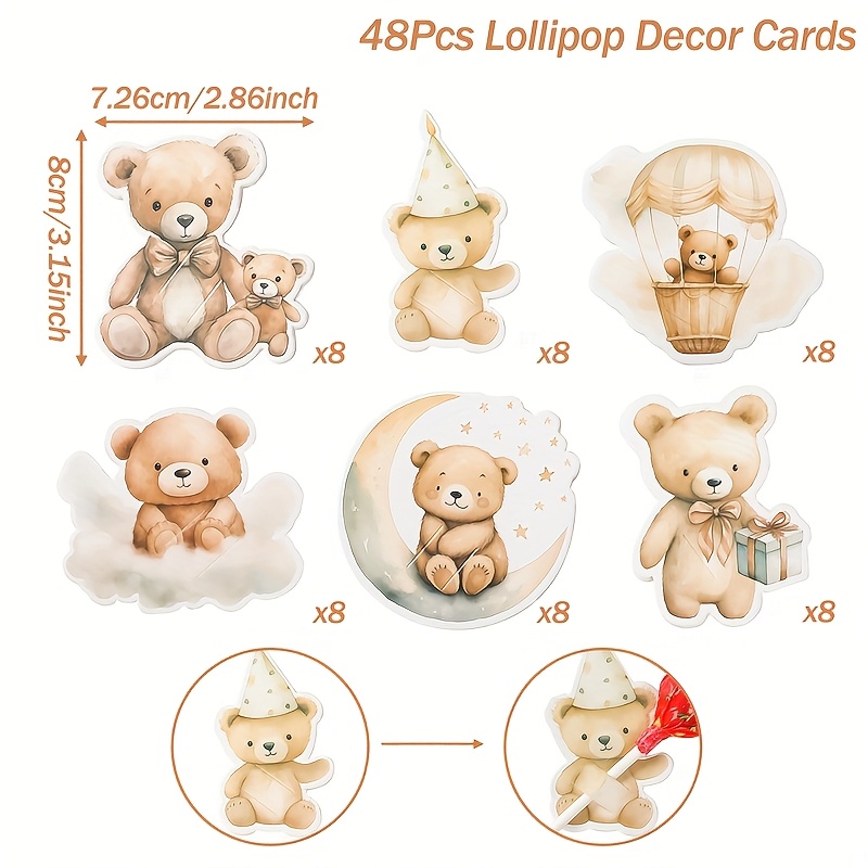 Image of 48pcs,brown Bear Lollipop Cardboard,little Bear Cloud Cardboard,bear Theme Party Decoration,birthday Party Supplies, Shower Party Decoration,party Favors,event Party Supplies