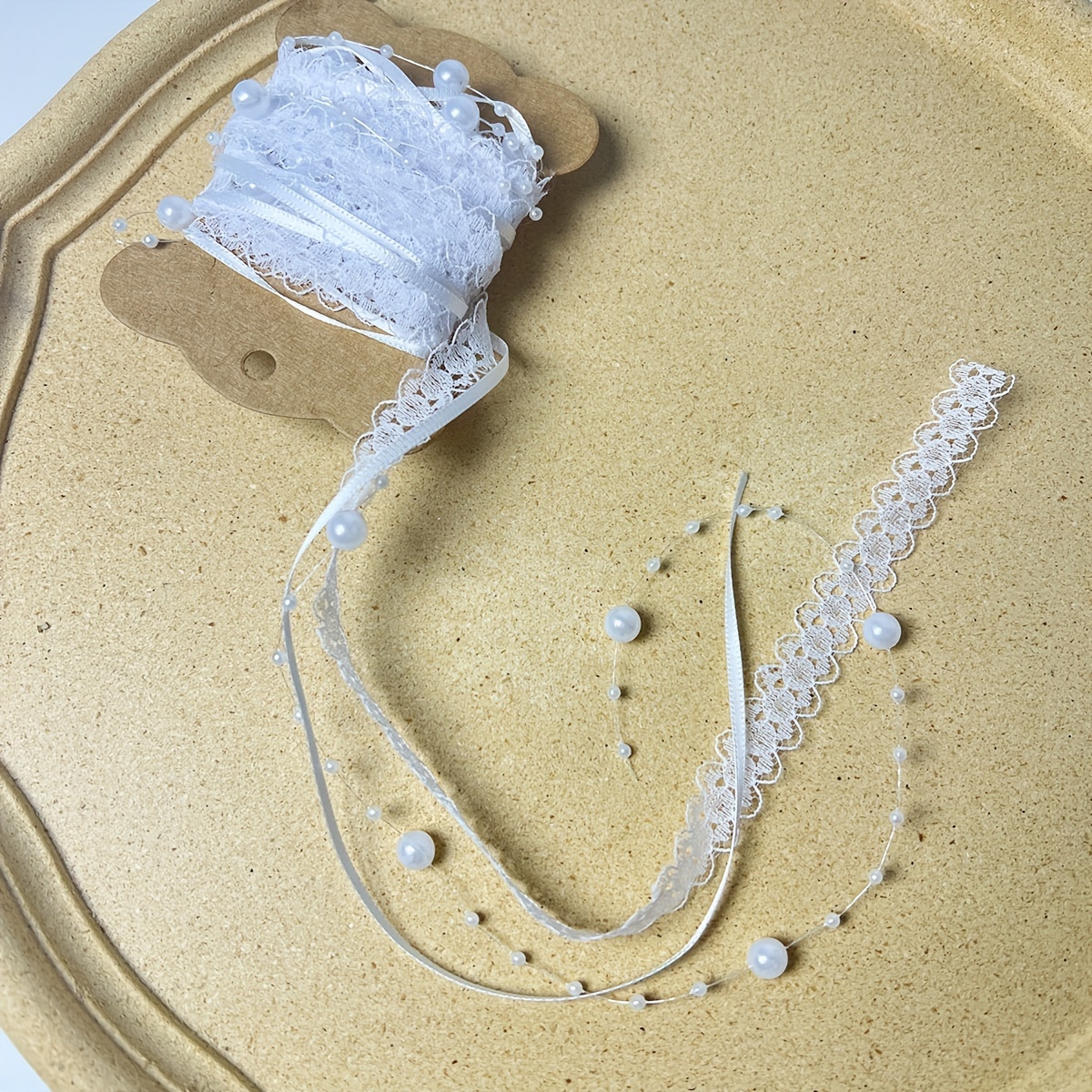 Image of 1pc, 3 Meters Pearl Chain Lace Ribbon With Flower Edge Birthday Wedding Scene Decoration Flower Decoration Festival Decoration Pearl Chain Diy Decoration Accessories Eid Mubarak