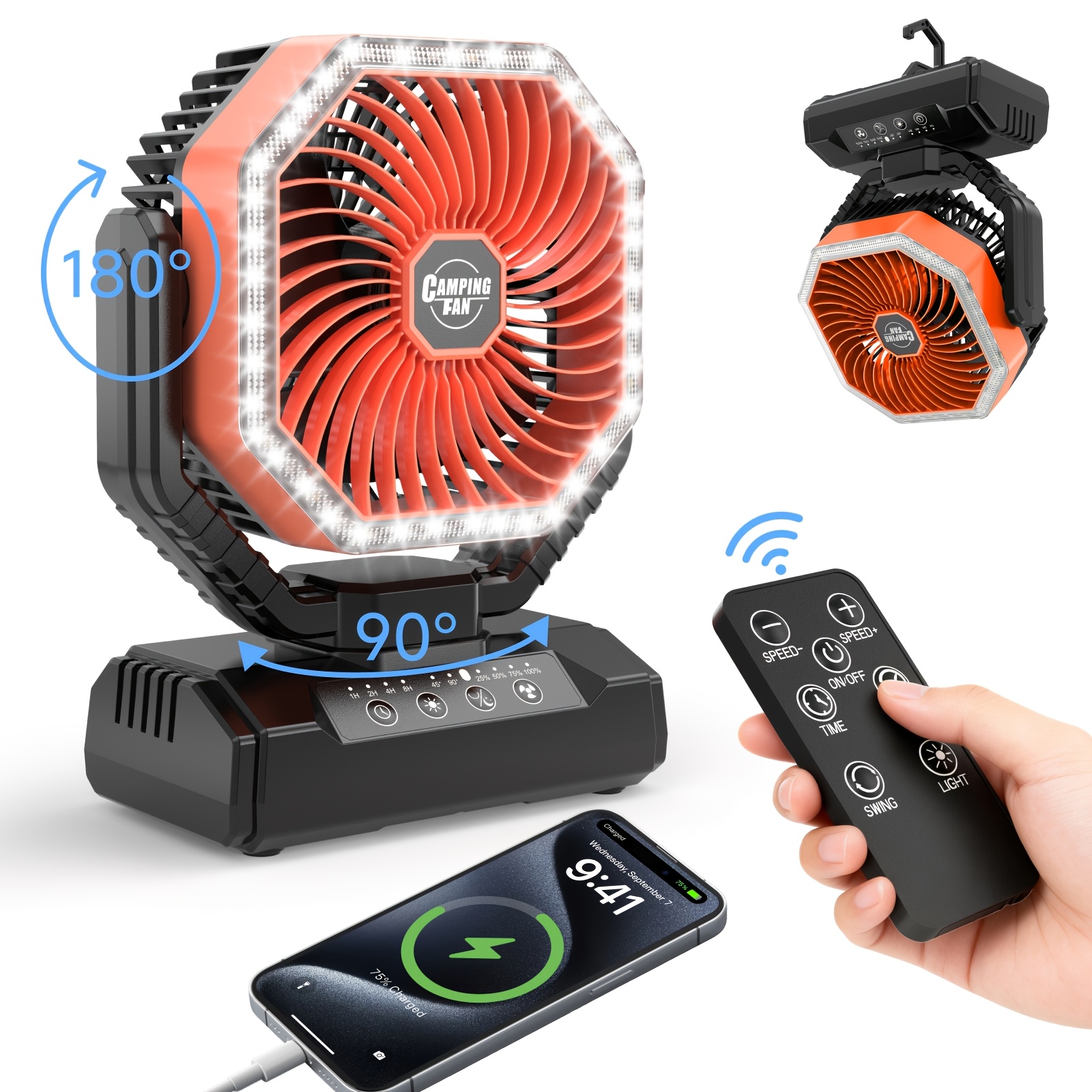 TEMU Portable Camping Fan With Led Light & Remote Control, 20000mah Rechargeable Battery, Type-c Charging, 4 Wind , 90° , 1-8h Timer, Compact Desktop