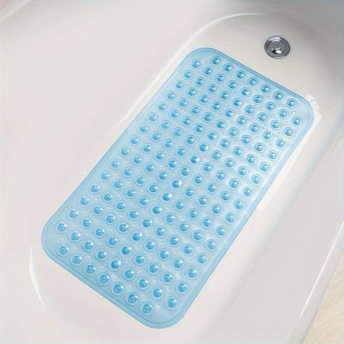 a 38x70 cm bathtub mat made of plastic featuring a thick material non toxic and it has suction cups on is double sided and anti slip suitable for bathtubs hotels homes dormitories apartments kitchens