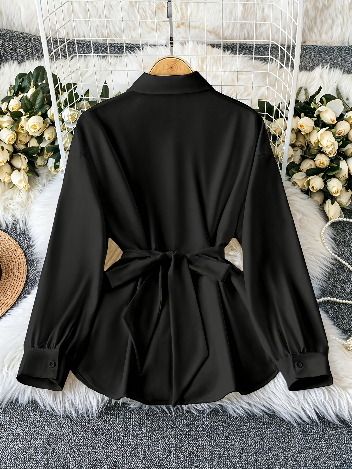 womens elegant black long sleeve blouse stylish Temu Germany - Main Image