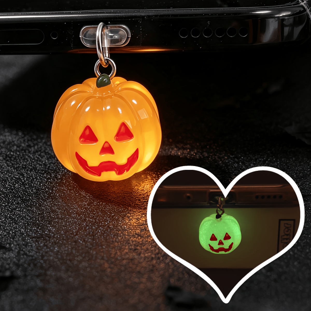 TEMU Ciondolo per telefono a forma di zucca luminosa al buio per Halloween, tappo antipolvere, porto di ricarica Jack-O'-Lantern, ciondolo in resina