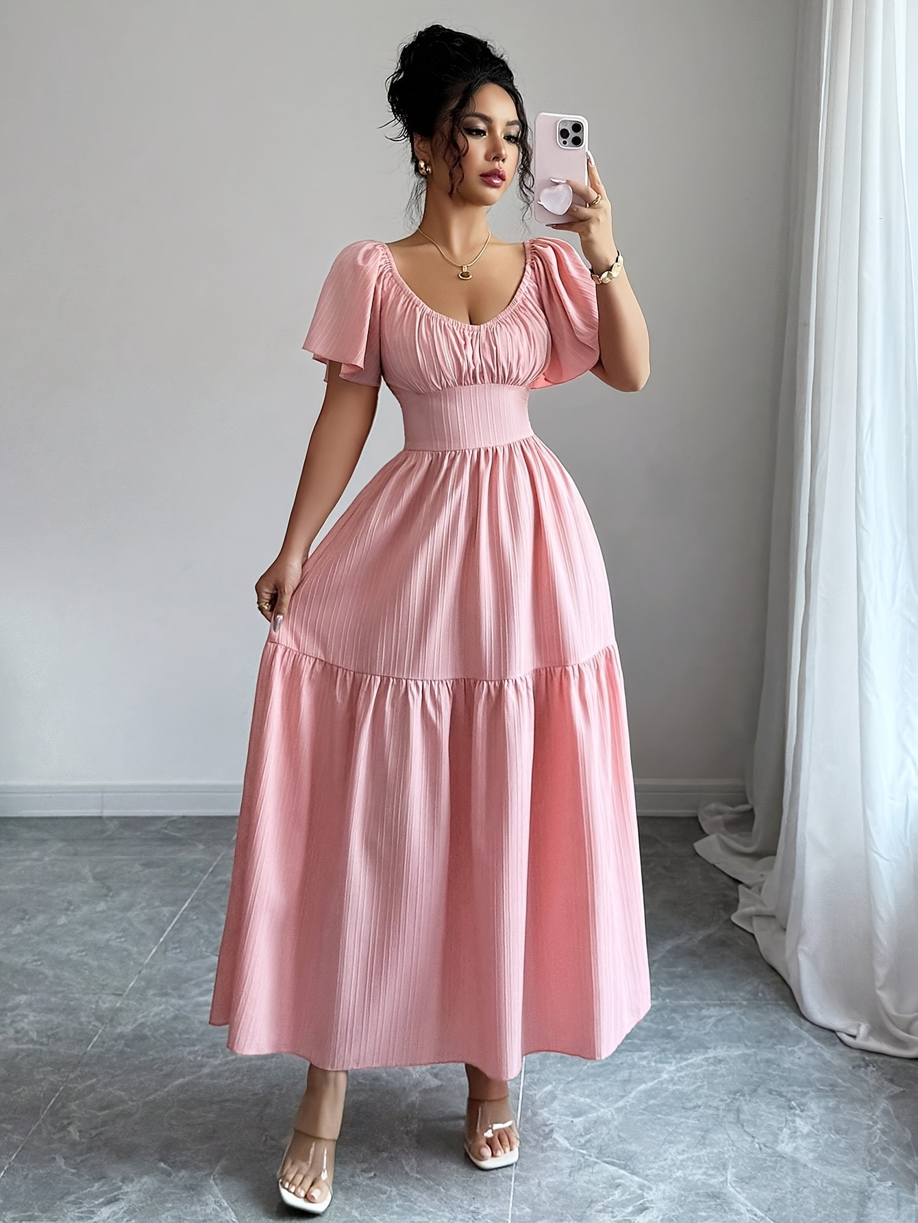 long sleeve bridesmaid dresses Ever-Pretty Lantern 3/4 Sleeve Split Tulle Maxi Bridesmaid Dress