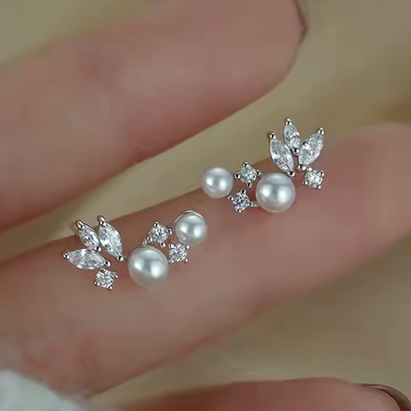 TEMU Elegantes y exquisitos aretes de botón con incrustaciones de de perlas y hoja para mujer, joyería de calidad para fiestas, banquetes y ocasiones