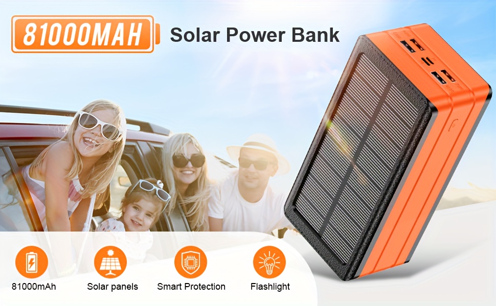 81000mah solar power bank with 32 led camping light, 30w super fast charging, 2-in-1 portable solar generator & power bank, 5-device charging, usb-c/pd/  input/output, 36v low voltage, 32 led flashlight, compact & lightweight for camping, travel, emergency backup power, mountain climbing, wilderness survival,  , solar-powered charging,  , solar power generator Product details 1