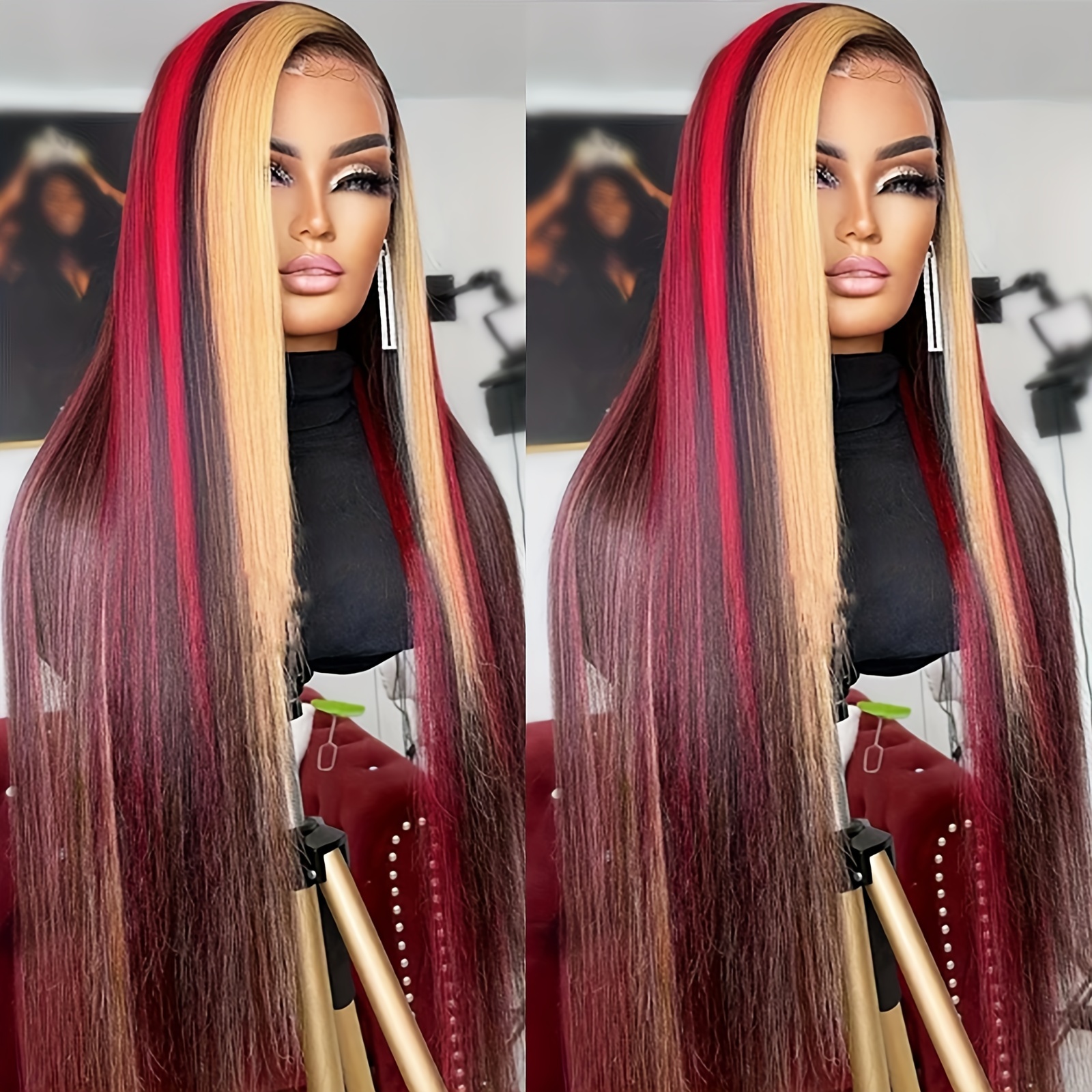24 long straight skunk stripe wig black red blonde burgundy Temu