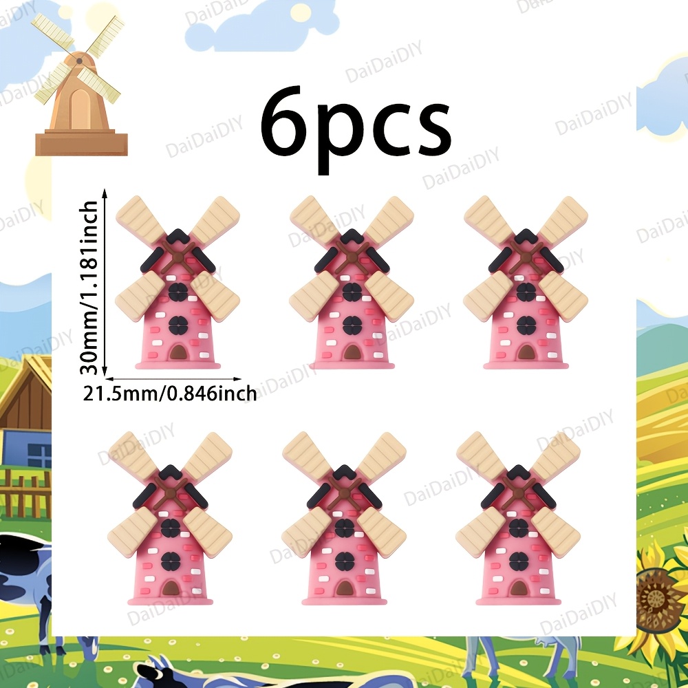 TEMU Set Of 6 Silicone Beads Shaped Like 3d Windmills, Featuring Theme In Pink, Jewelry, Earrings, Necklaces, Bag Chains, And Beaded Pen Crafts