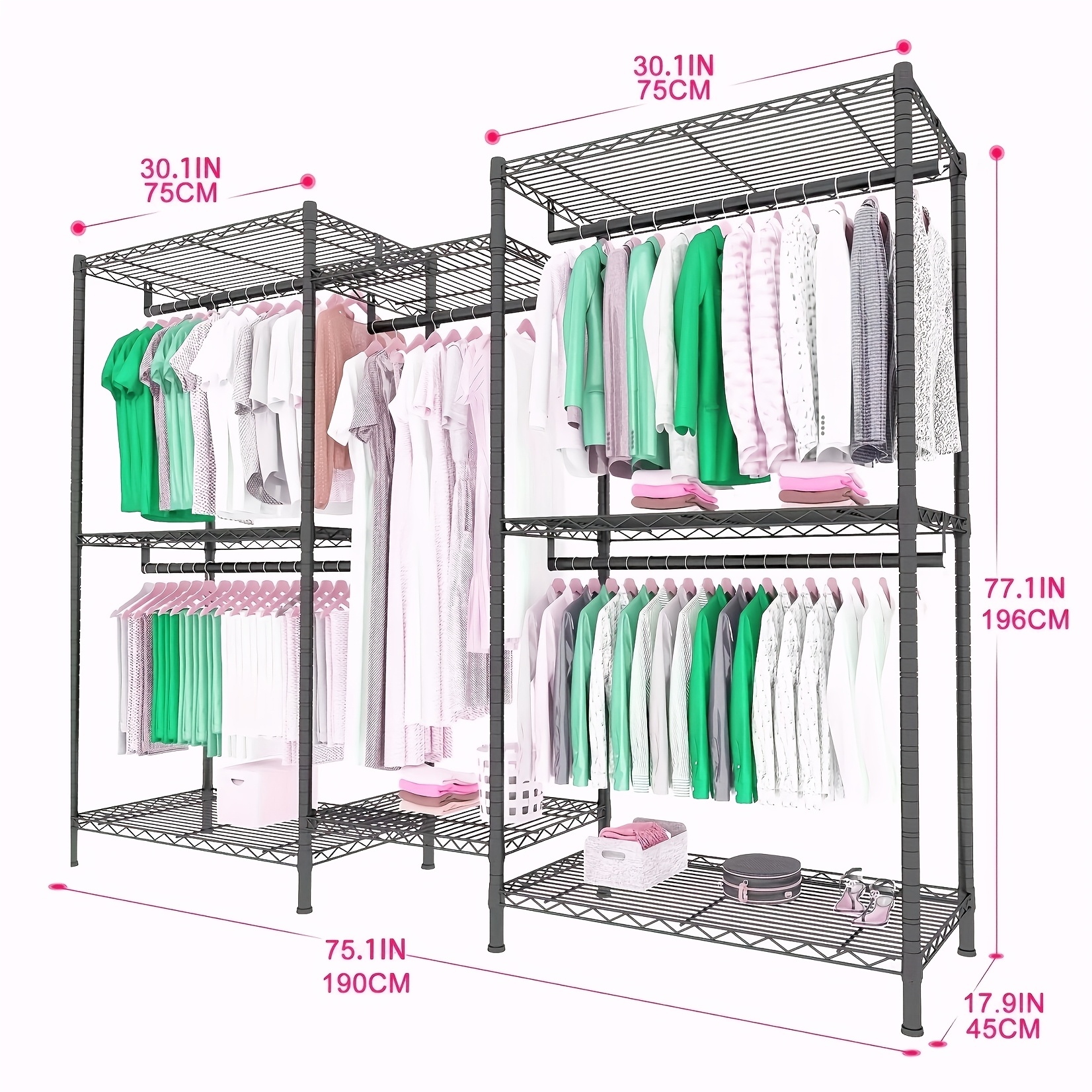 TEMU Portable Wardrobe Rack, 8 Tiers Wire Shelving Black Garment Rack, Heavy Duty Metal Clothing Rack With 5 Hanging Rods, Compact Extra Large