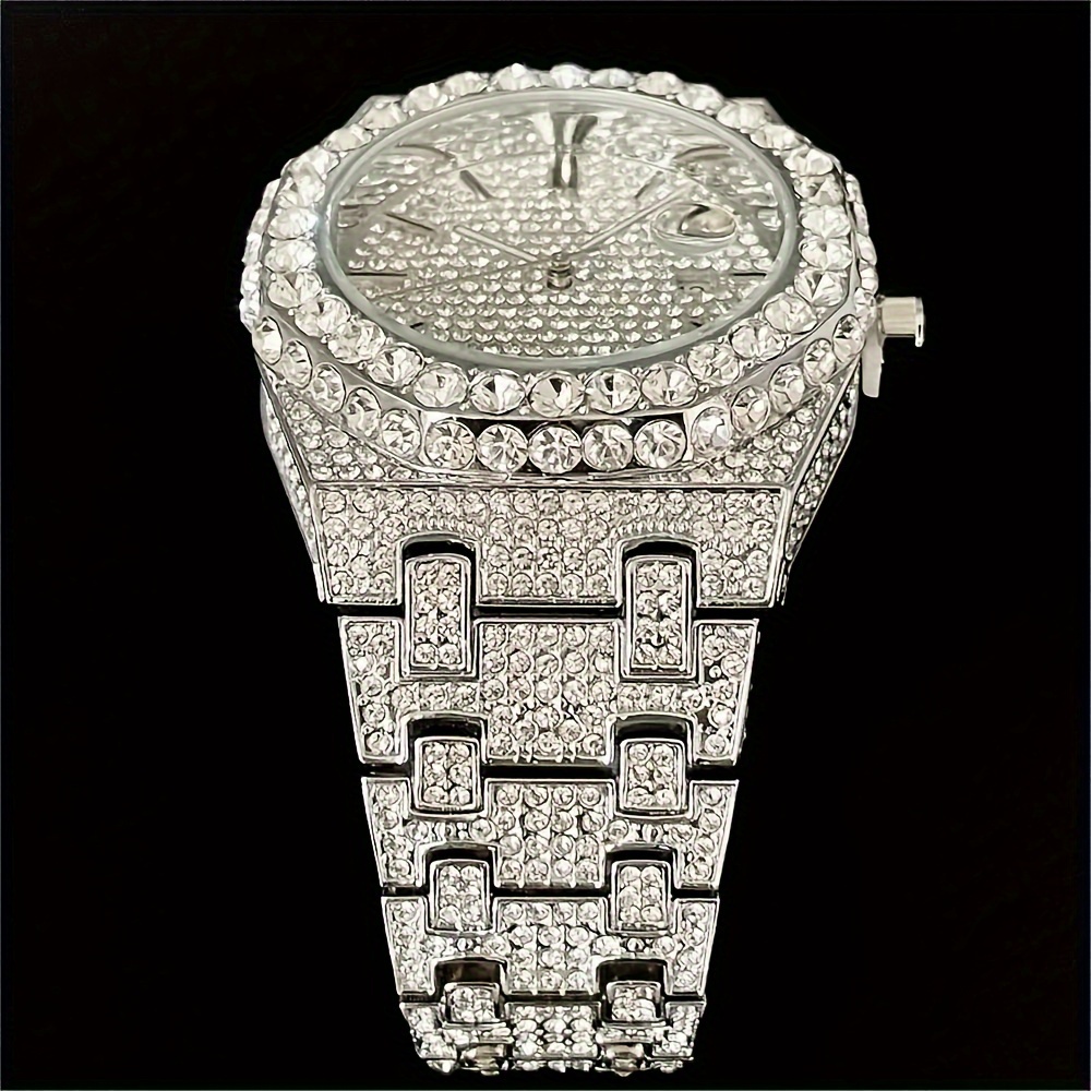 Hip Hop Ice Out Rhinestone Watch for Men with Night Light