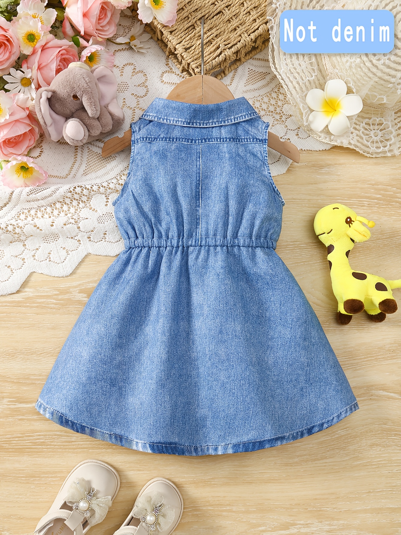 A Cute Sleeveless Dress for Baby Girls Featuring a Shirt Collar, Print Faux Denim, And Animal-Themed Designs, Perfect for Summer.