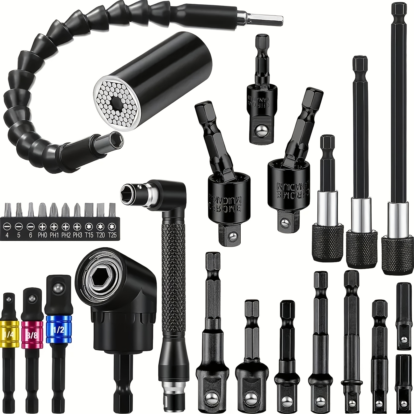 

31pcs Flexible Drill Bit Extension Set With 1/4", 3/8", /2" Hex Socket Adapters - Bendable, Magnetic Screwdriver Extender Kit For Industrial Use