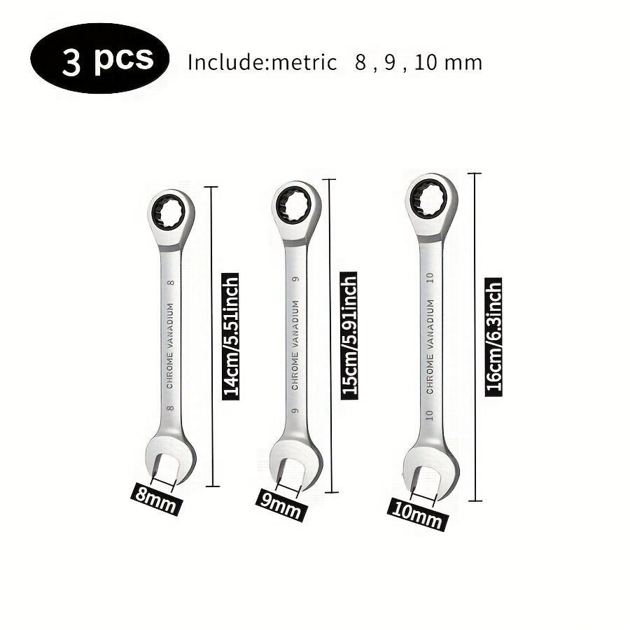 TEMU 3/6/8/10/12pcs Chrome Vanadium Steel Combination Spanner Set (8-19mm) - Fixed Head Ratchet Wrench, Mechanical Operation, Non-adjustable Design |