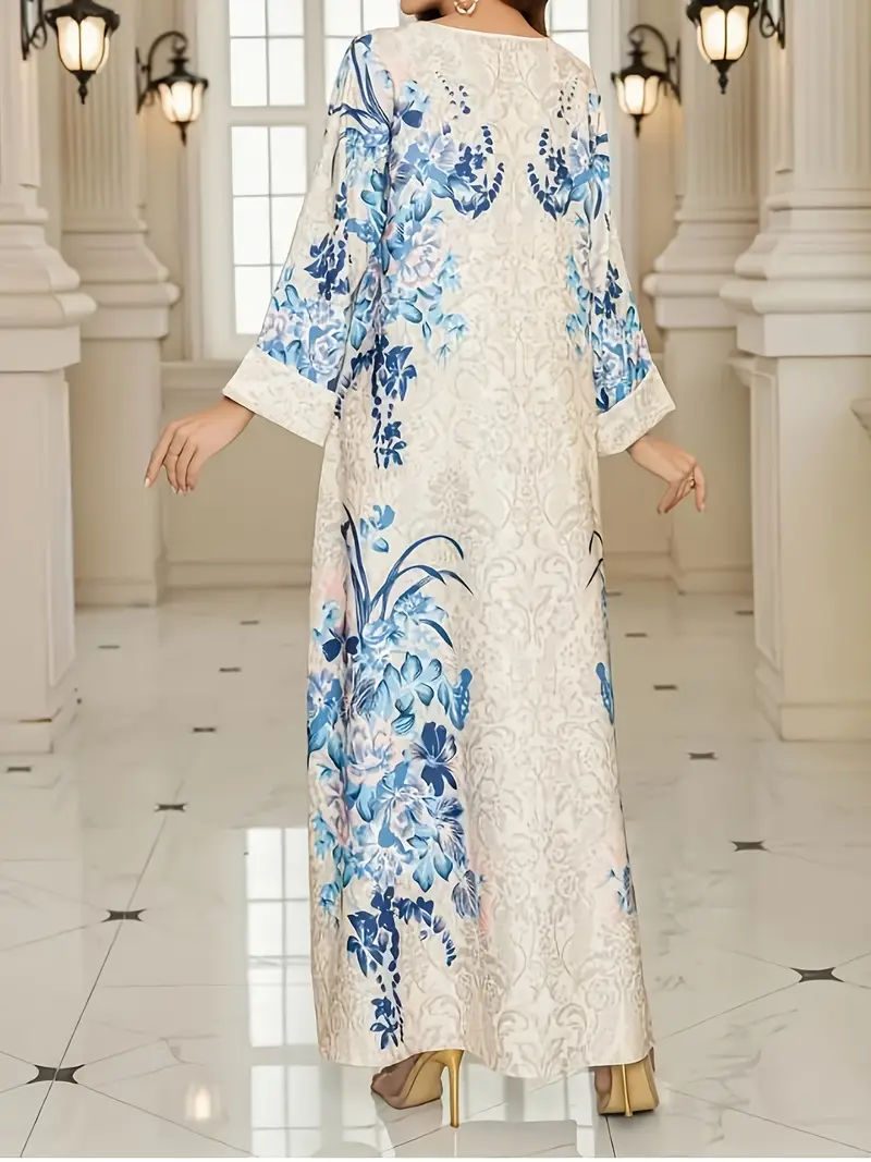Women'S Elegant Floral Print Long-Sleeve Abaya Dress - Crew Neck, Formal Islamic Style for Spring/Summer, Light Beige Color with Blue and White Flowers, Comfortable Casual Outfit|Floral Pattern ... Women'S Elegant Floral Print Long-Sleeve Abaya Dress - Crew Neck, Formal Islamic Style for Spring/Summer, Light Beige Color with Blue and White Flowers, Comfortable Casual Outfit|Floral Pattern ...