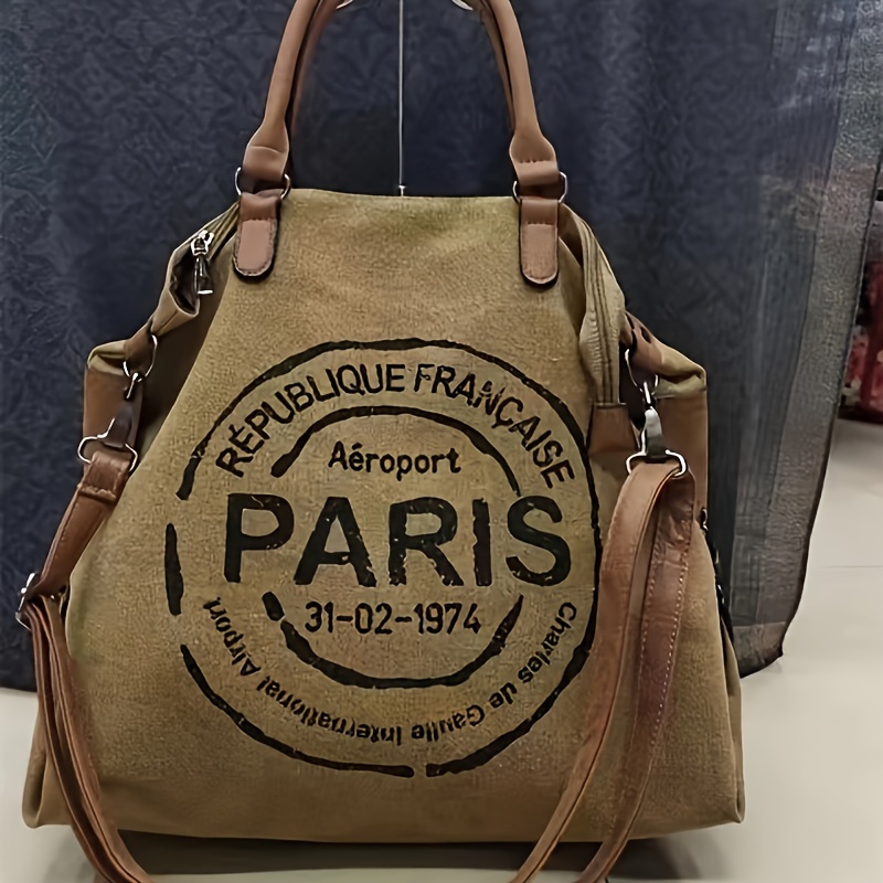 

Vintage Paris Republique Canvas Tote Bag - Casual Shoulder Handbag With Back Pocket - Stylish Crossbody Travel Purse With Aesthetic Design