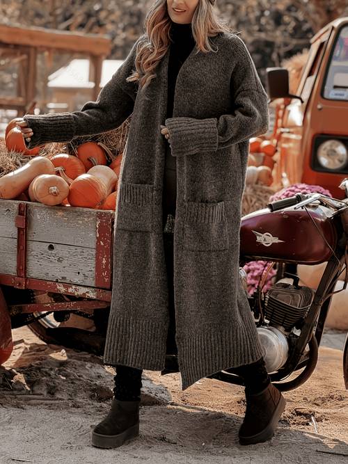 Artikelbild herbst winter neue damen einfarbig dicke vielseitige aufhellende locker retro lange jacke koreanischer stil design doppelte tasche damen jacke oberbekleidung ll168