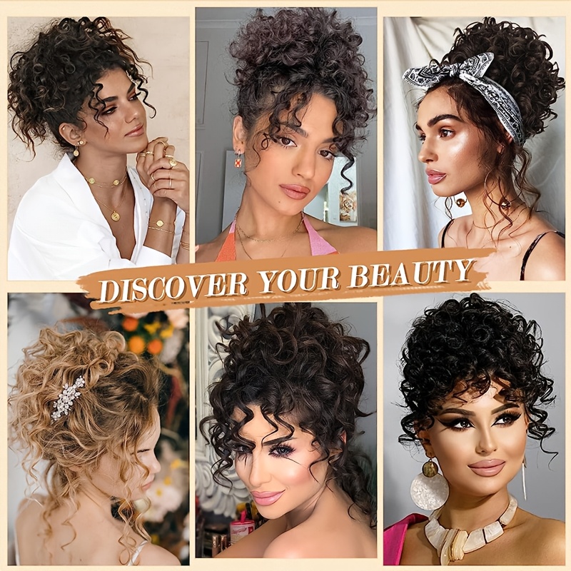 afro puff drawstring ponytail extensions short   scrunchie messy bun pony tail hair piece extra thick wavy pony tails synthetic soft pineapple updo hairpiece 8inch 20  blonde brown gray ombre for christmas   use details 1